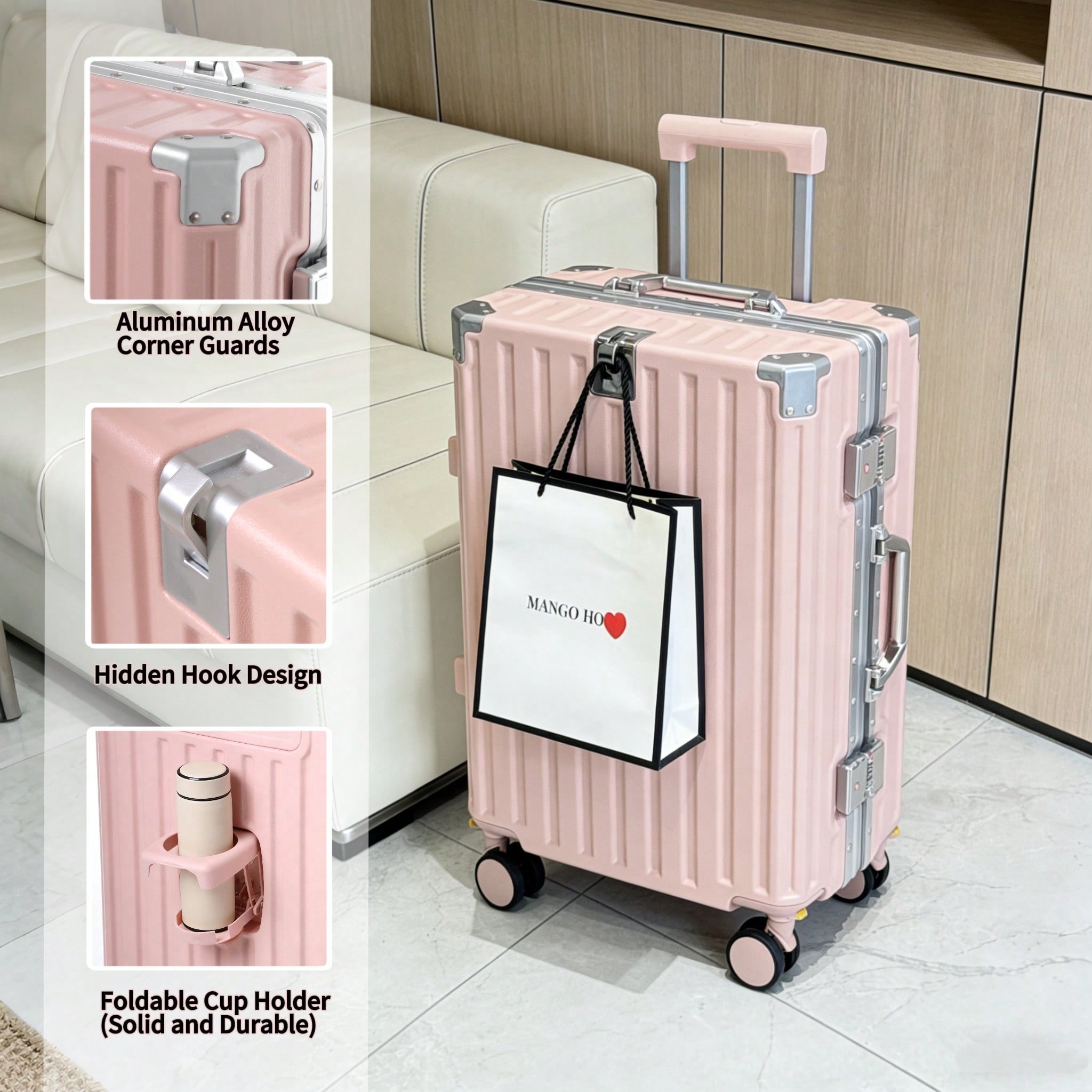 Aluminum Frame Carry On Luggage - 20-Zoll-Handgepäckkoffer, von Fluggesellschaften zugelassen, PC-Hartschalenkoffer mit