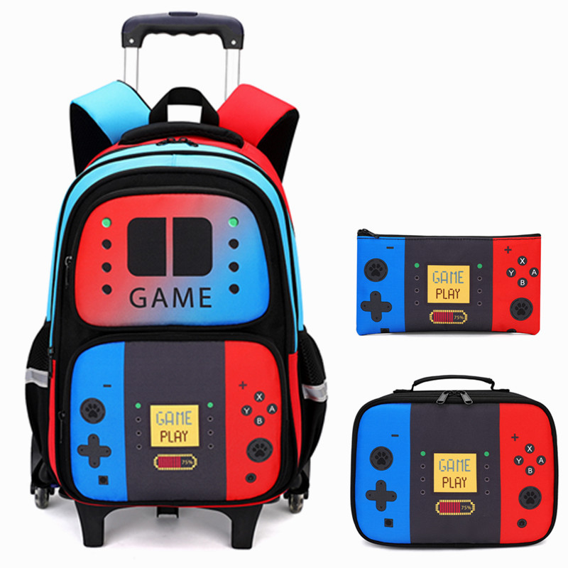 Foldable Rolling Luggage Bag - 3-teiliges Kinder-Rollrucksack-Set für Jungen, Gamer-Rollkoffer-Schulranzen mit